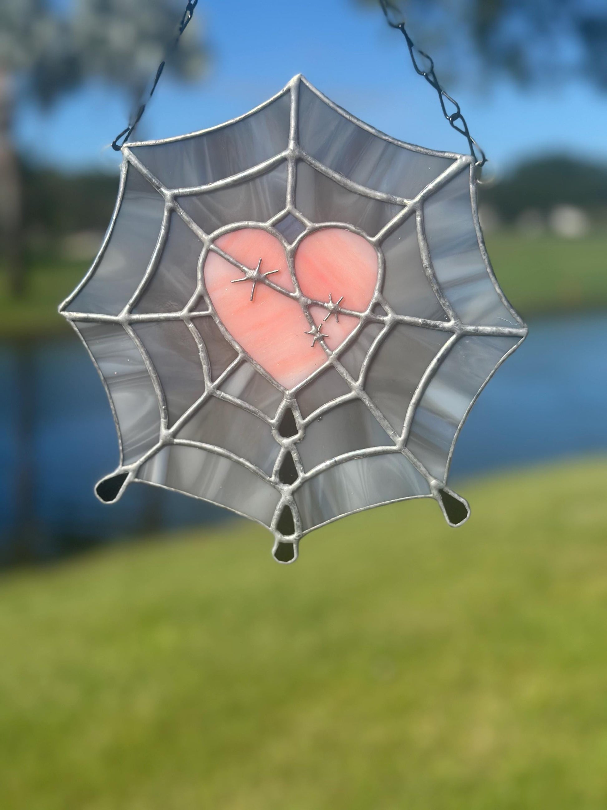 Gothic Stained Glass Spider Web Heart - Dark Decor Sun Catcher