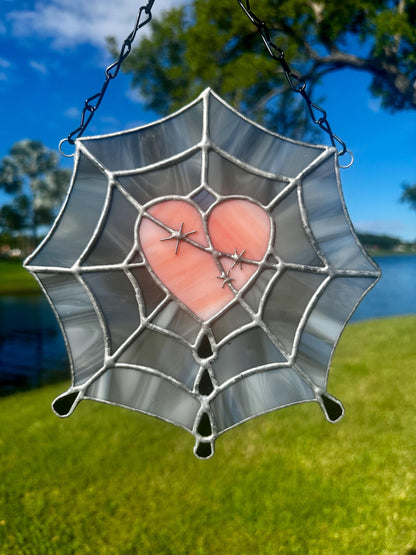 Gothic Stained Glass Spider Web Heart - Dark Decor Sun Catcher