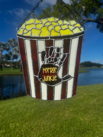 Horror Movie Junkie Stained Glass – Gothic Popcorn Art for Horror Fans & Goth Home Décor