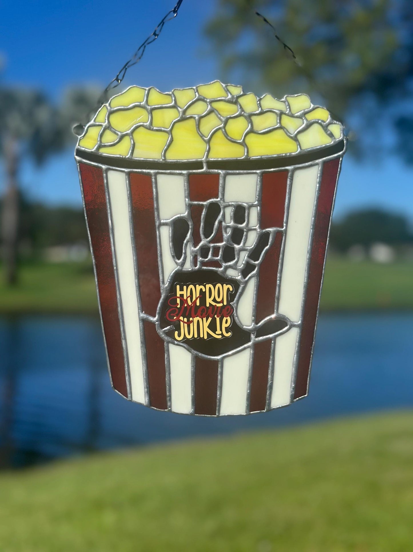 Horror Movie Junkie Stained Glass – Gothic Popcorn Art for Horror Fans & Goth Home Décor