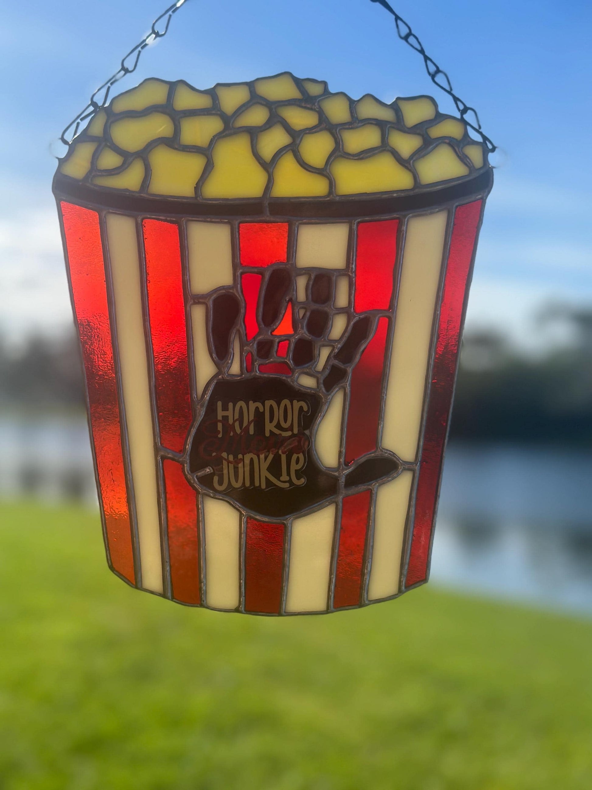 Horror Movie Junkie Stained Glass – Gothic Popcorn Art for Horror Fans & Goth Home Décor