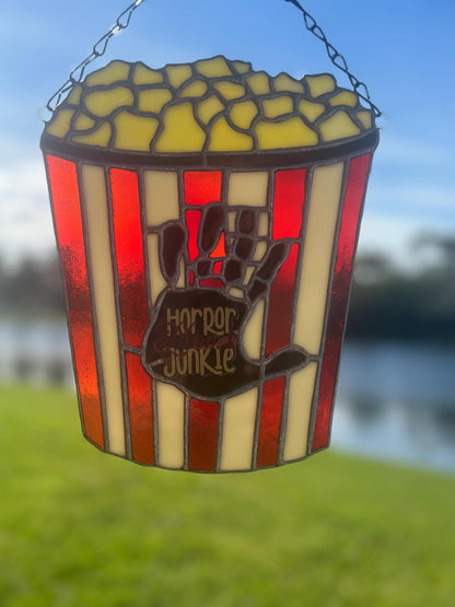Horror Movie Junkie Stained Glass – Gothic Popcorn Art for Horror Fans & Goth Home Décor