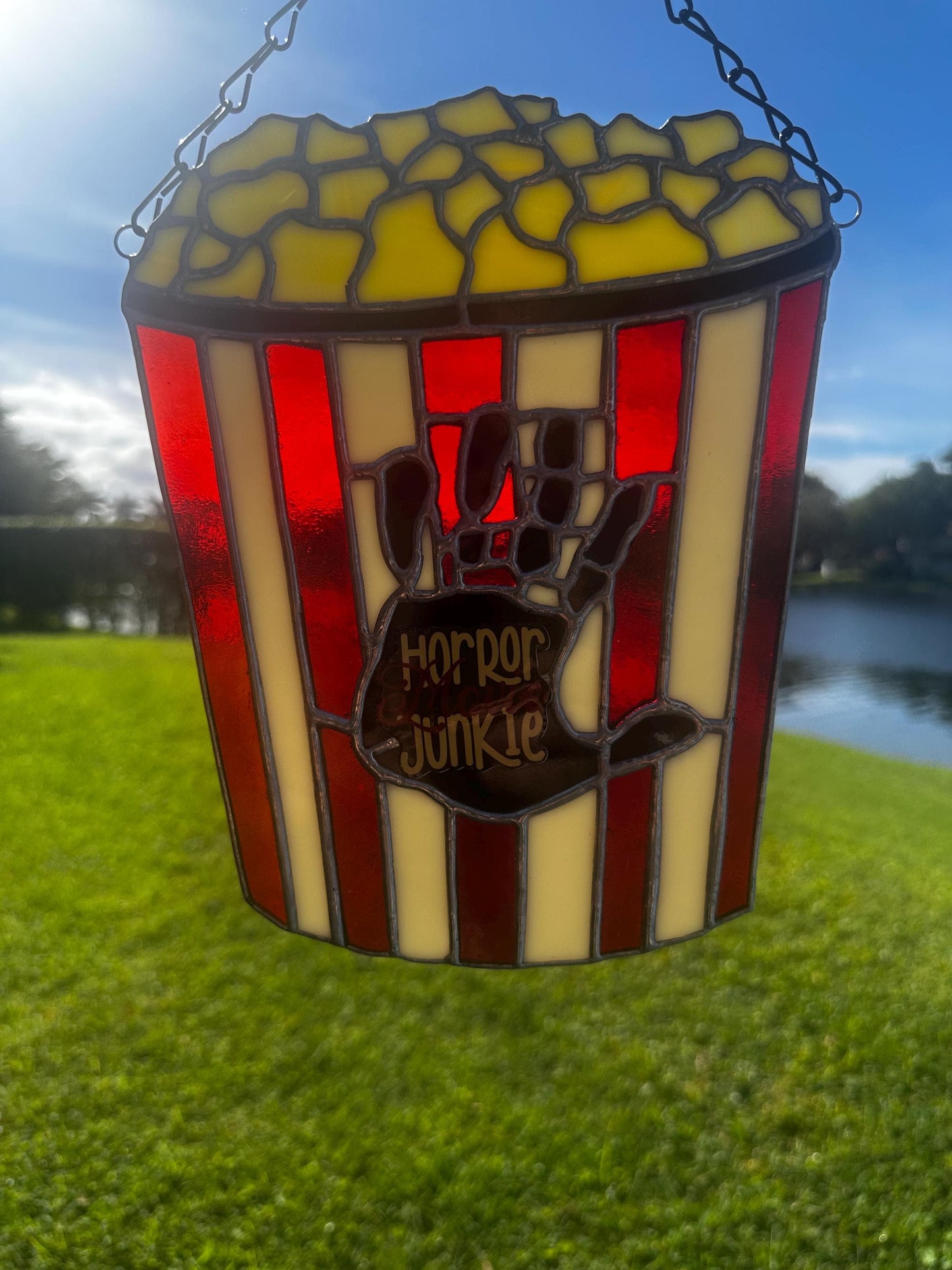 Horror Movie Junkie Stained Glass – Gothic Popcorn Art for Horror Fans & Goth Home Décor