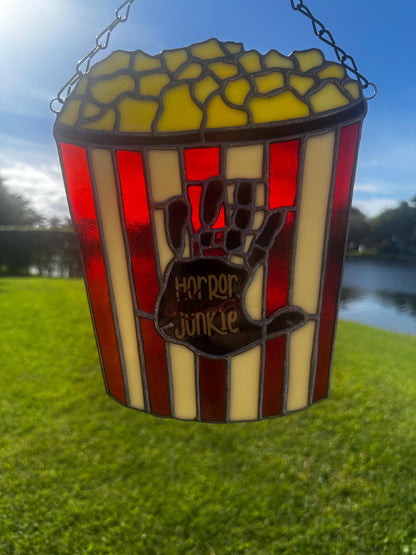 Horror Movie Junkie Stained Glass – Gothic Popcorn Art for Horror Fans & Goth Home Décor