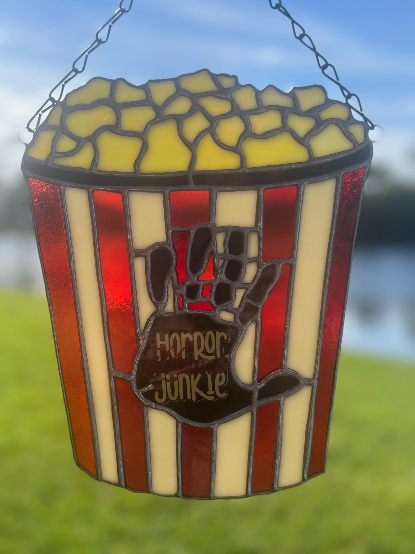 Horror Movie Junkie Stained Glass – Gothic Popcorn Art for Horror Fans & Goth Home Décor