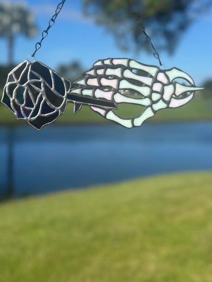 Stained Glass Skeleton Hand with Iridescent Rose – Gothic Window Suncatcher, Handmade Wall Hanging Art