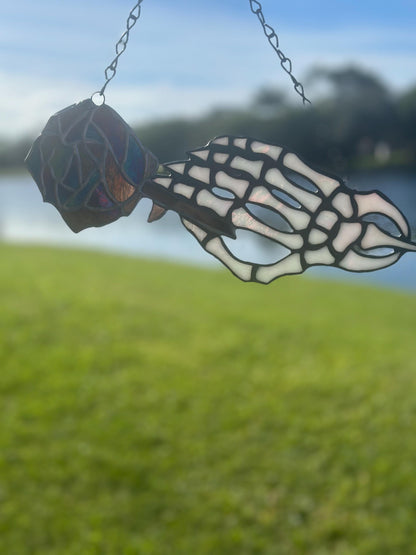 Stained Glass Skeleton Hand with Iridescent Rose – Gothic Window Suncatcher, Handmade Wall Hanging Art