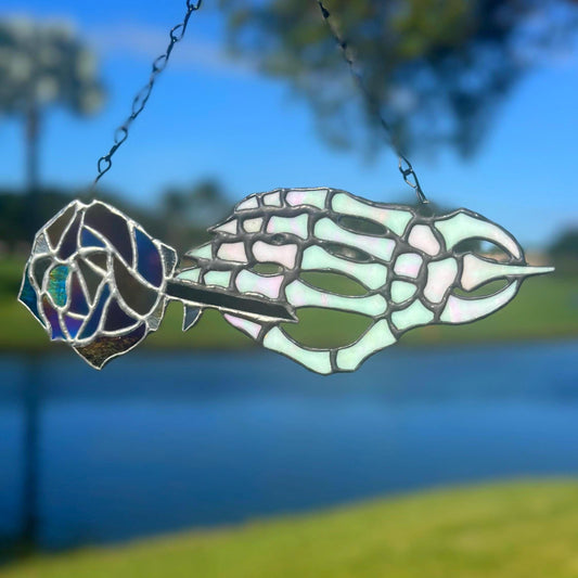 Stained Glass Skeleton Hand with Iridescent Rose – Gothic Window Suncatcher, Handmade Wall Hanging Art