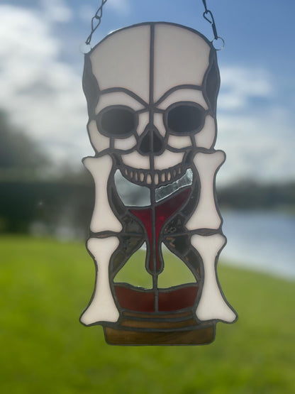 Stained Glass Memento Mori Skull Hourglass — Gothic Home Decor Suncatcher