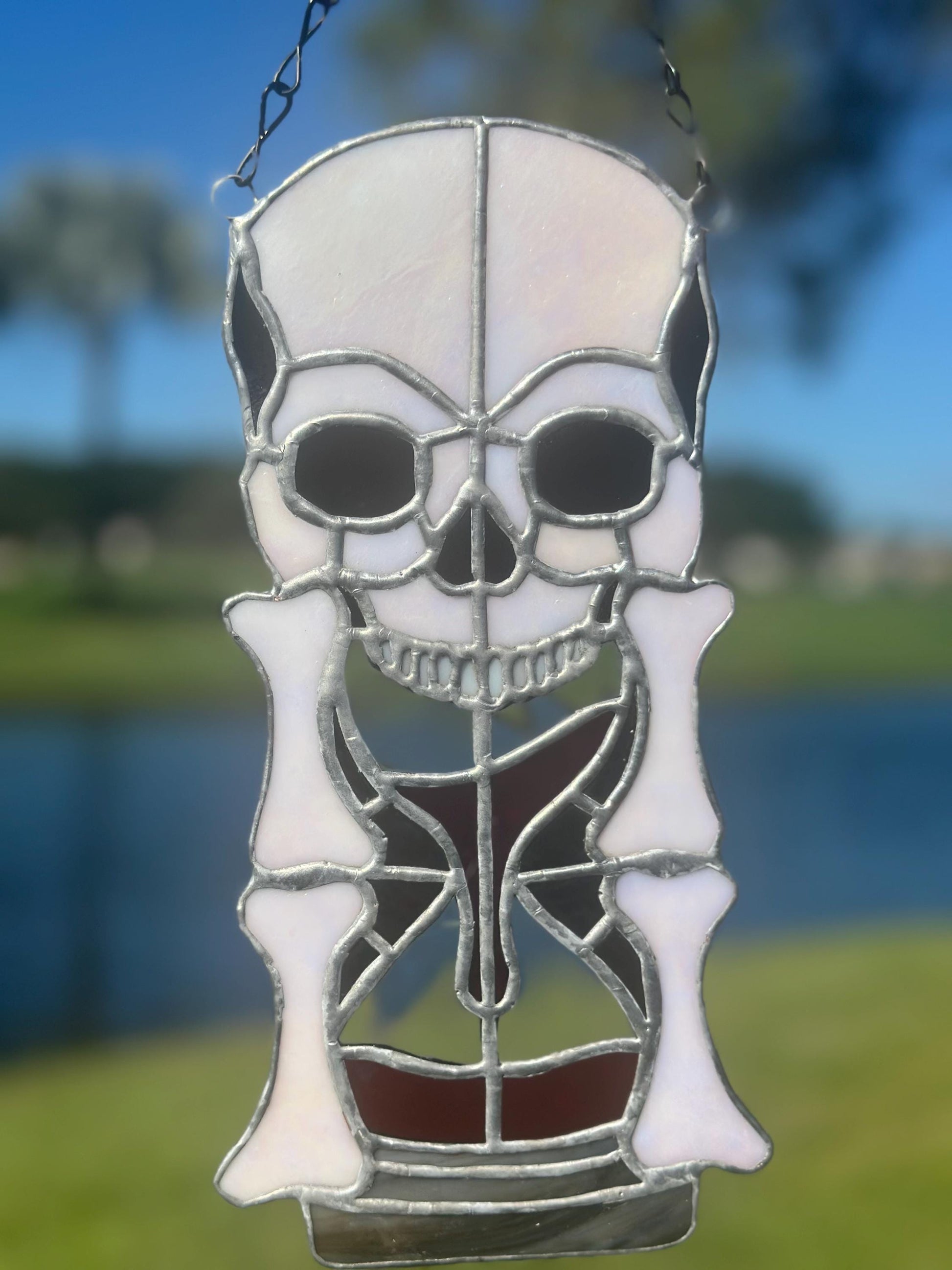 Stained Glass Memento Mori Skull Hourglass — Gothic Home Decor Suncatcher