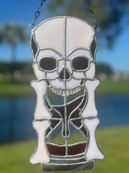 Stained Glass Memento Mori Skull Hourglass — Gothic Home Decor Suncatcher