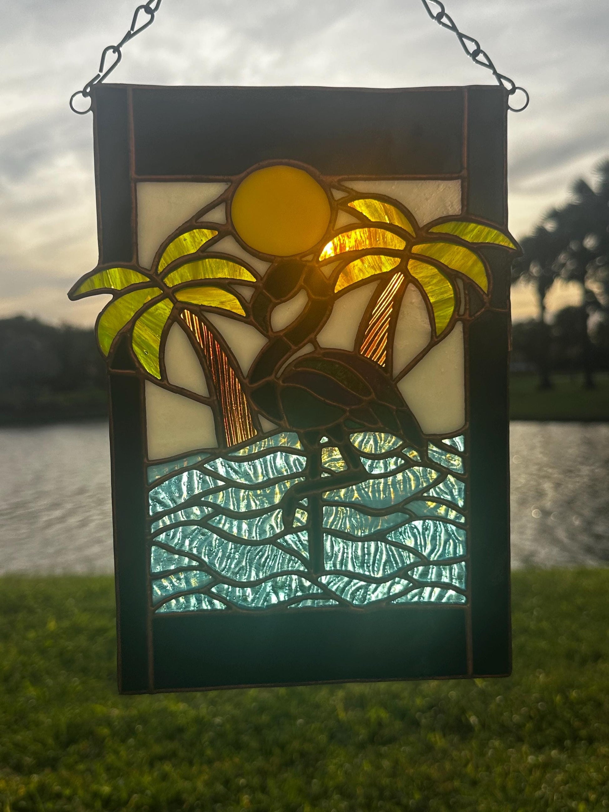 Tropical Black Flamingo Stained Glass Sun Catcher, Hand-Crafted Coastal Window Art