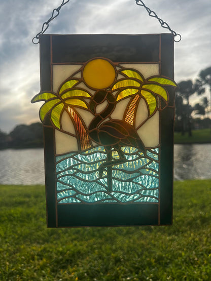 Tropical Black Flamingo Stained Glass Sun Catcher, Hand-Crafted Coastal Window Art