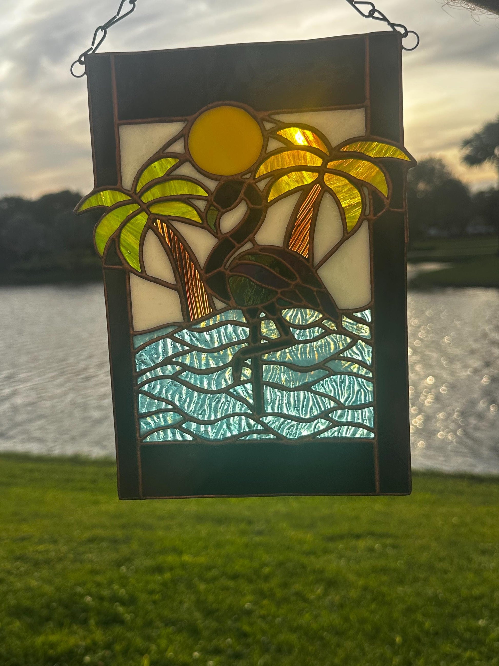 Tropical Black Flamingo Stained Glass Sun Catcher, Hand-Crafted Coastal Window Art