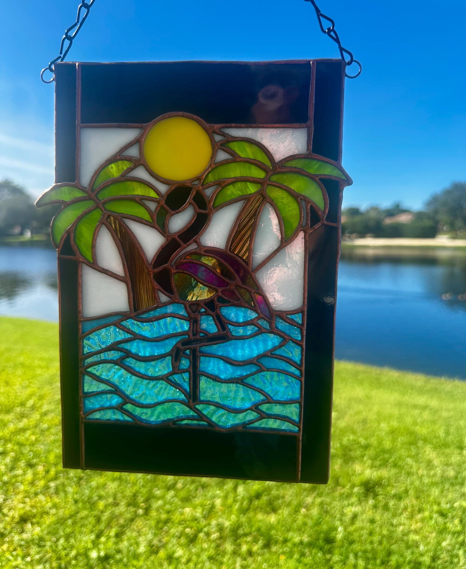 Tropical Black Flamingo Stained Glass Sun Catcher, Hand-Crafted Coastal Window Art