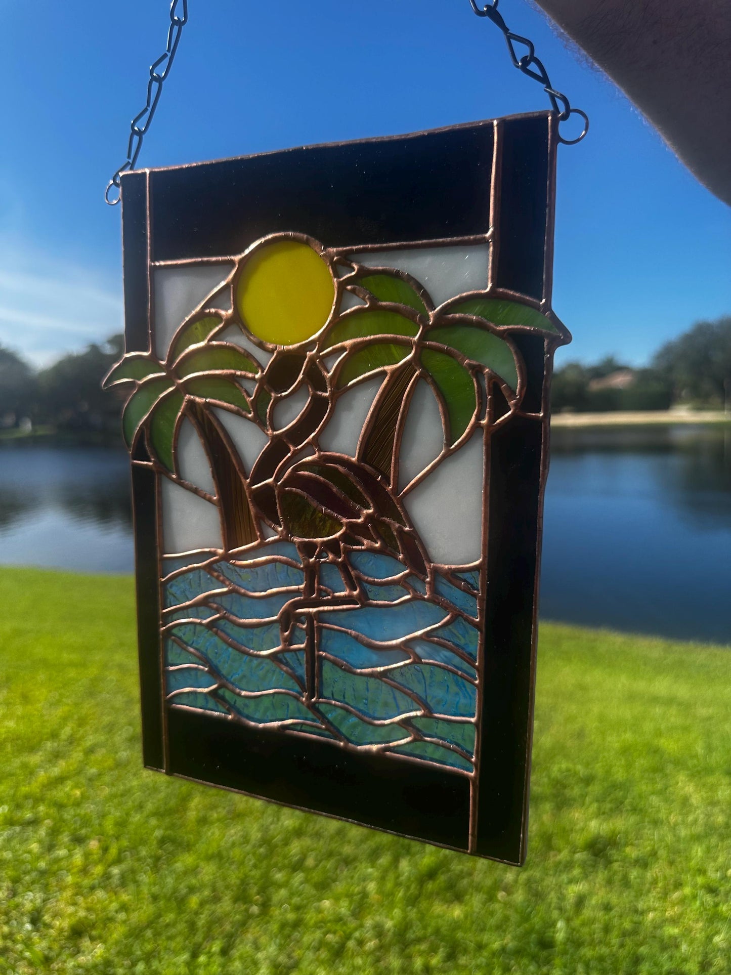 Tropical Black Flamingo Stained Glass Sun Catcher, Hand-Crafted Coastal Window Art