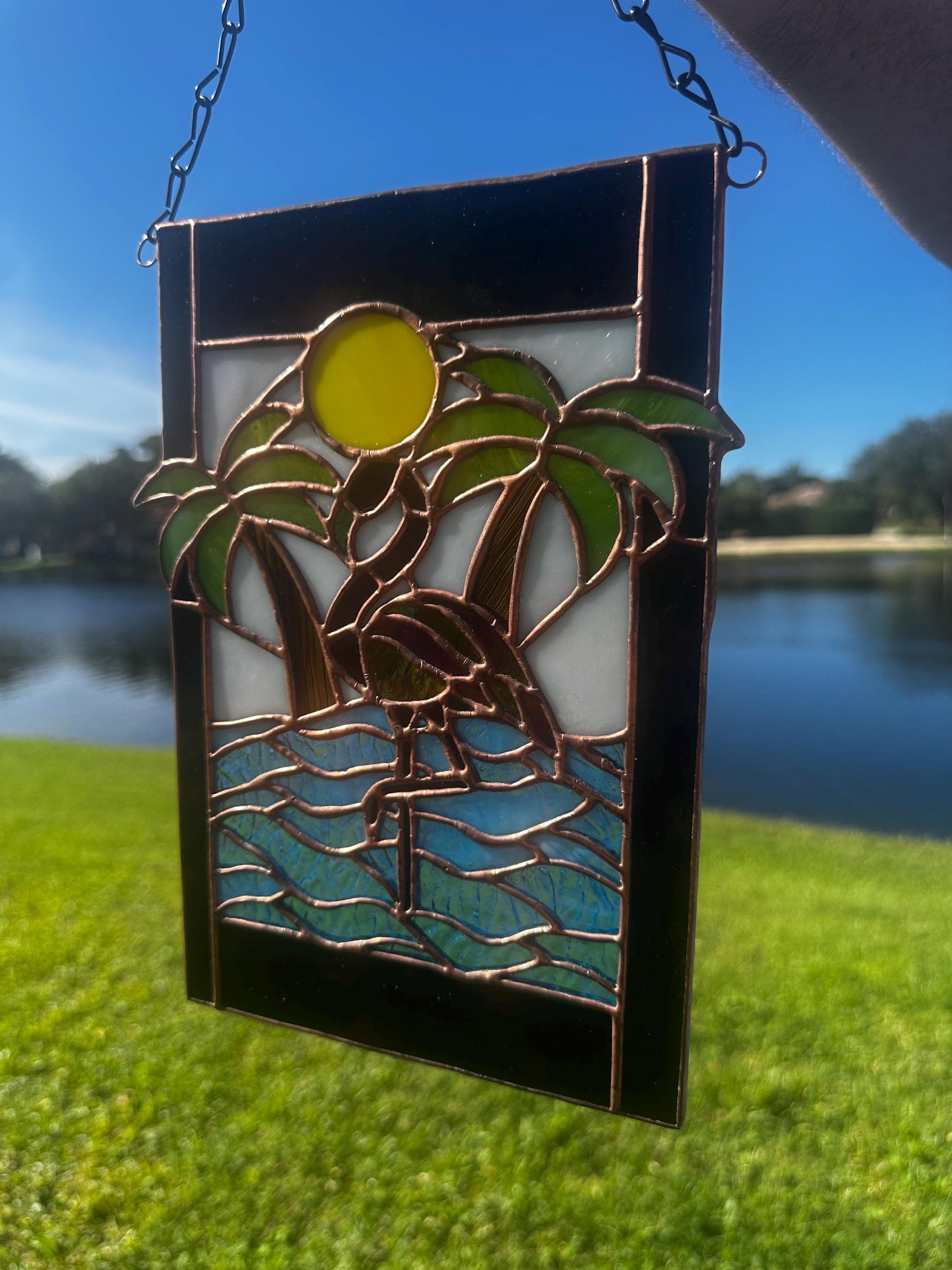 Tropical Black Flamingo Stained Glass Sun Catcher, Hand-Crafted Coastal Window Art