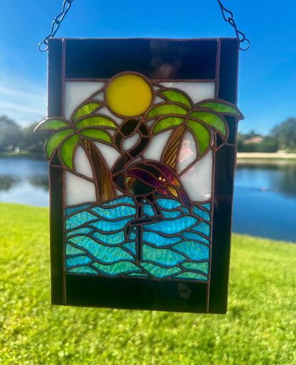 Tropical Black Flamingo Stained Glass Sun Catcher, Hand-Crafted Coastal Window Art