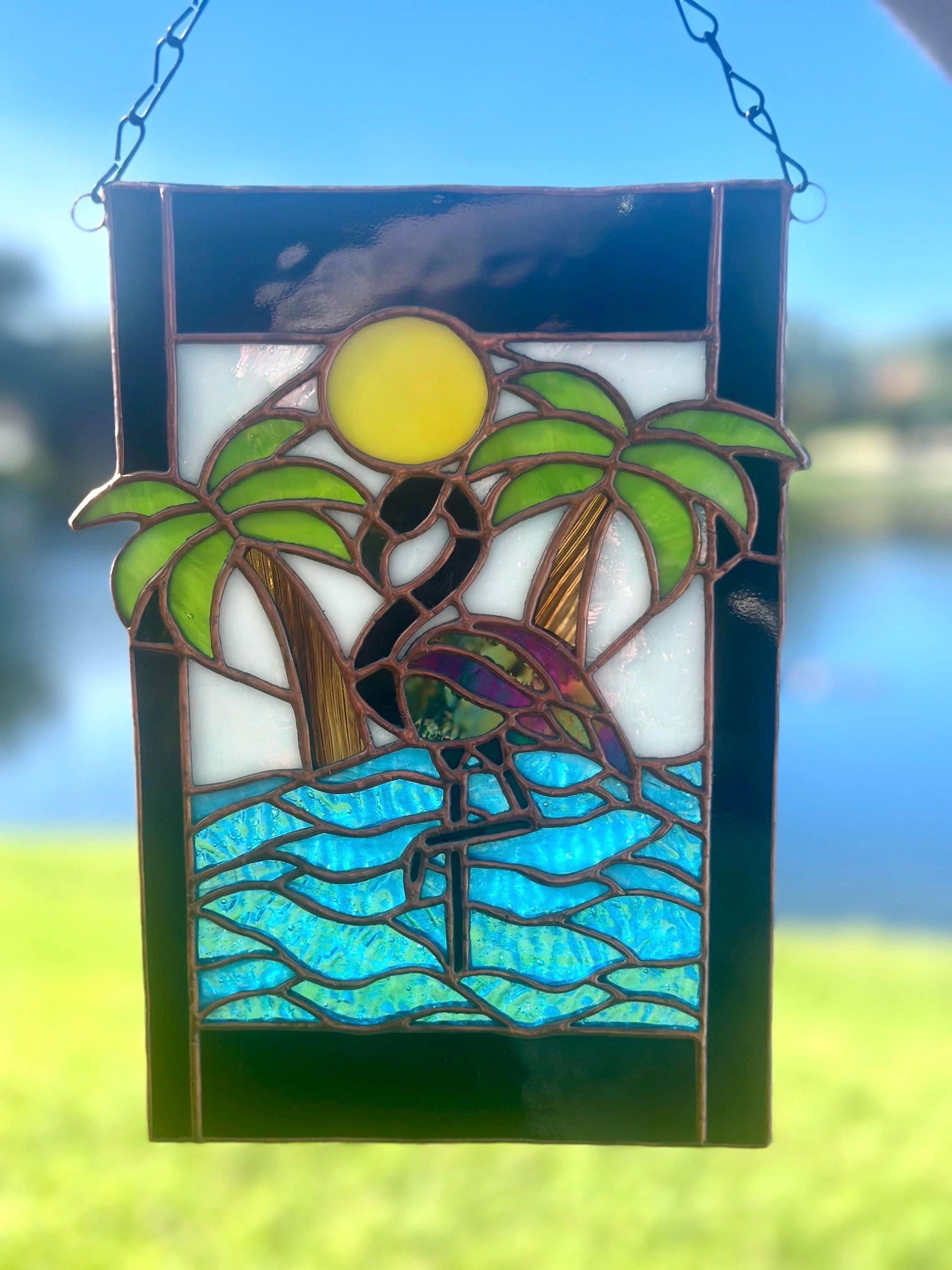 Tropical Black Flamingo Stained Glass Sun Catcher, Hand-Crafted Coastal Window Art