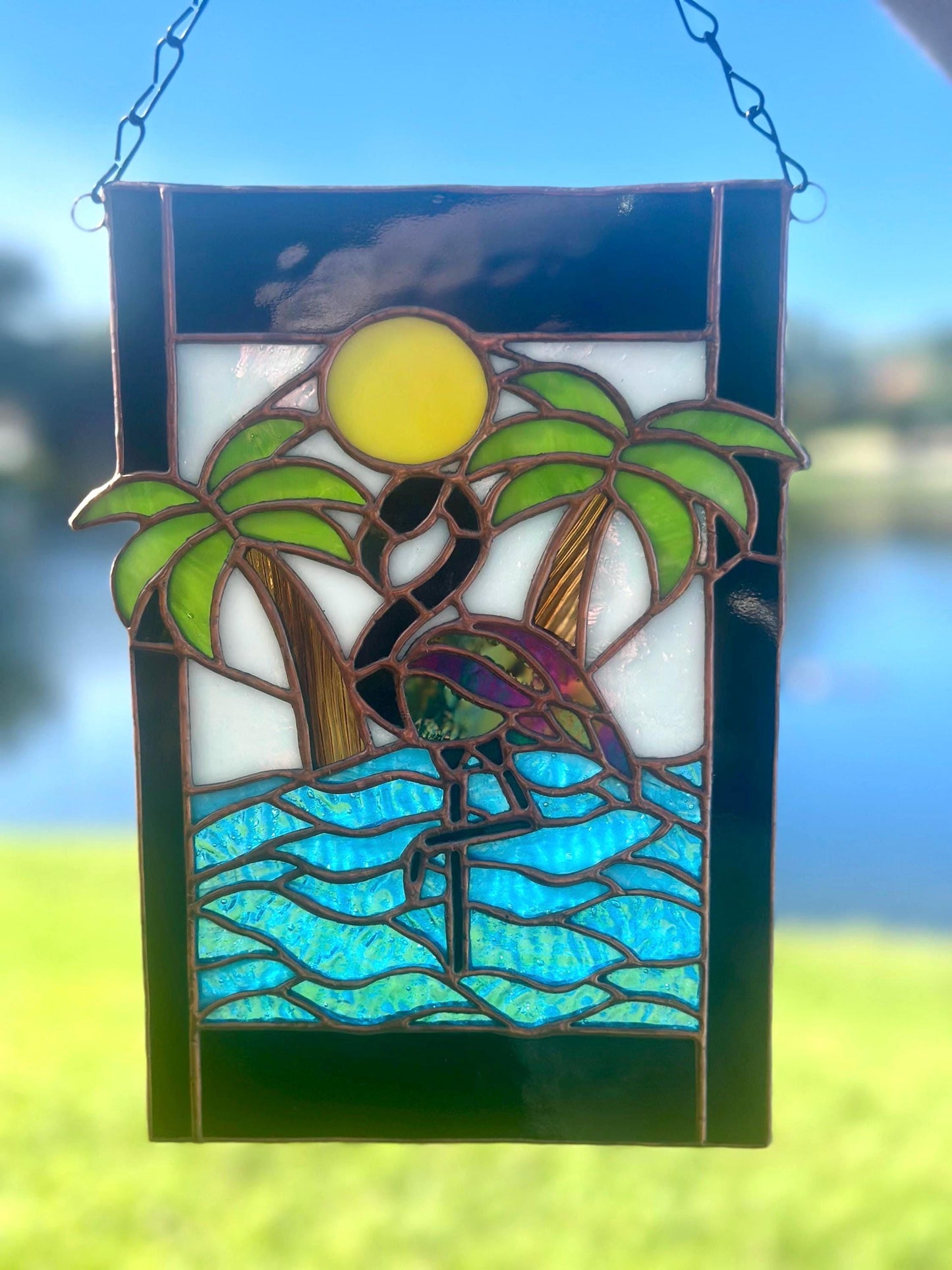 Tropical Black Flamingo Stained Glass Sun Catcher, Hand-Crafted Coastal Window Art