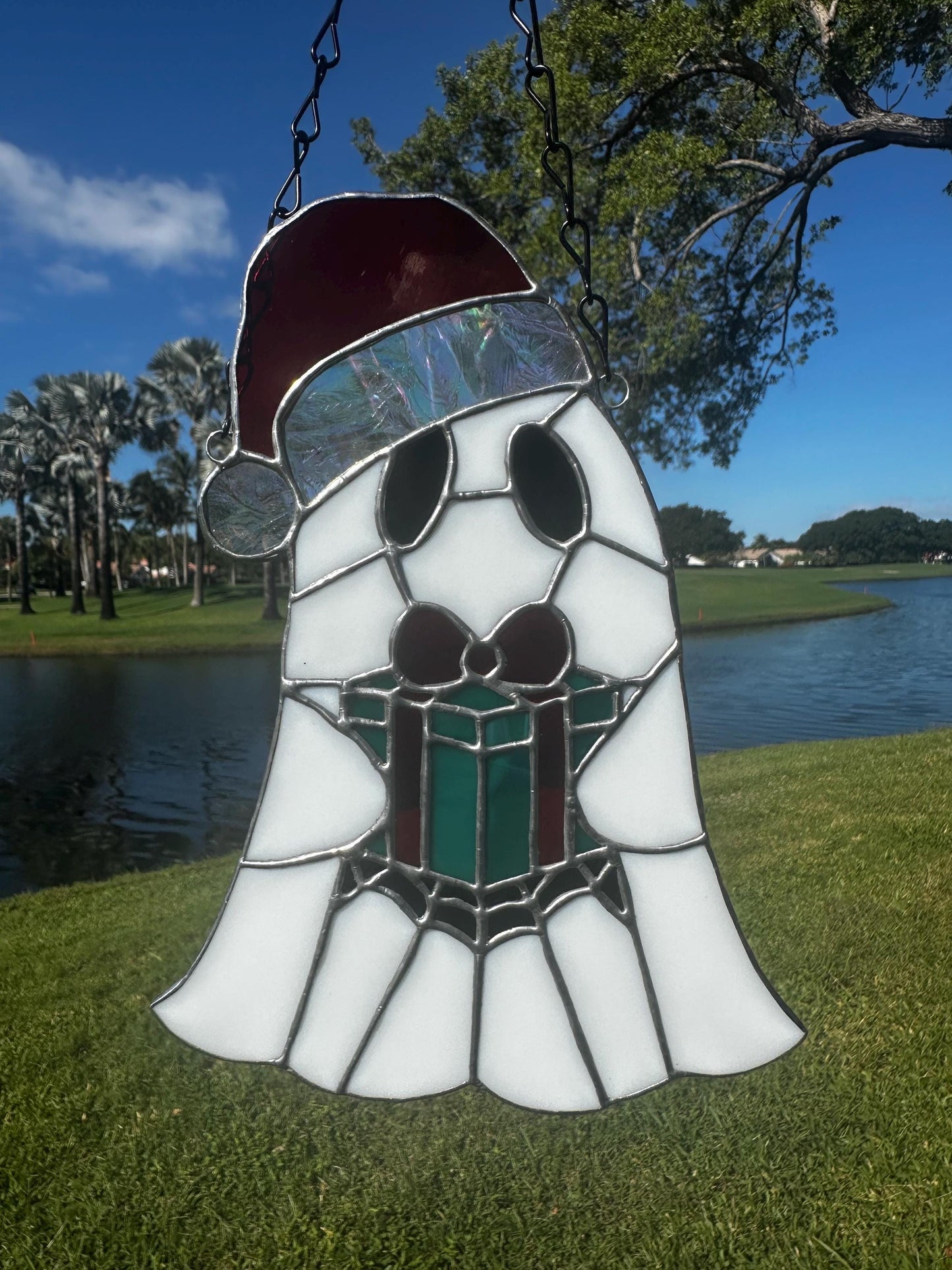 Spooky Christmas Ghost – Stained Glass Handmade Suncatcher with Santa Hat and Gift Box