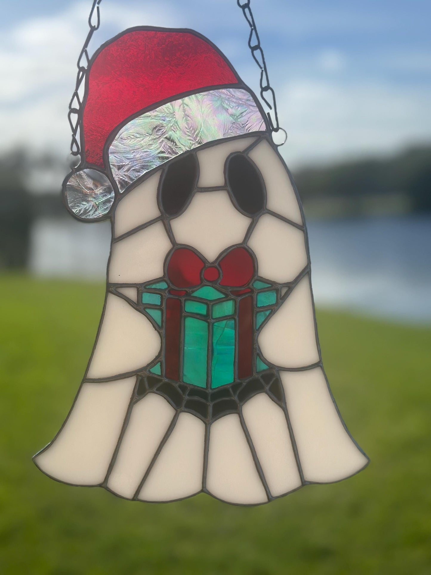 Spooky Christmas Ghost – Stained Glass Handmade Suncatcher with Santa Hat and Gift Box