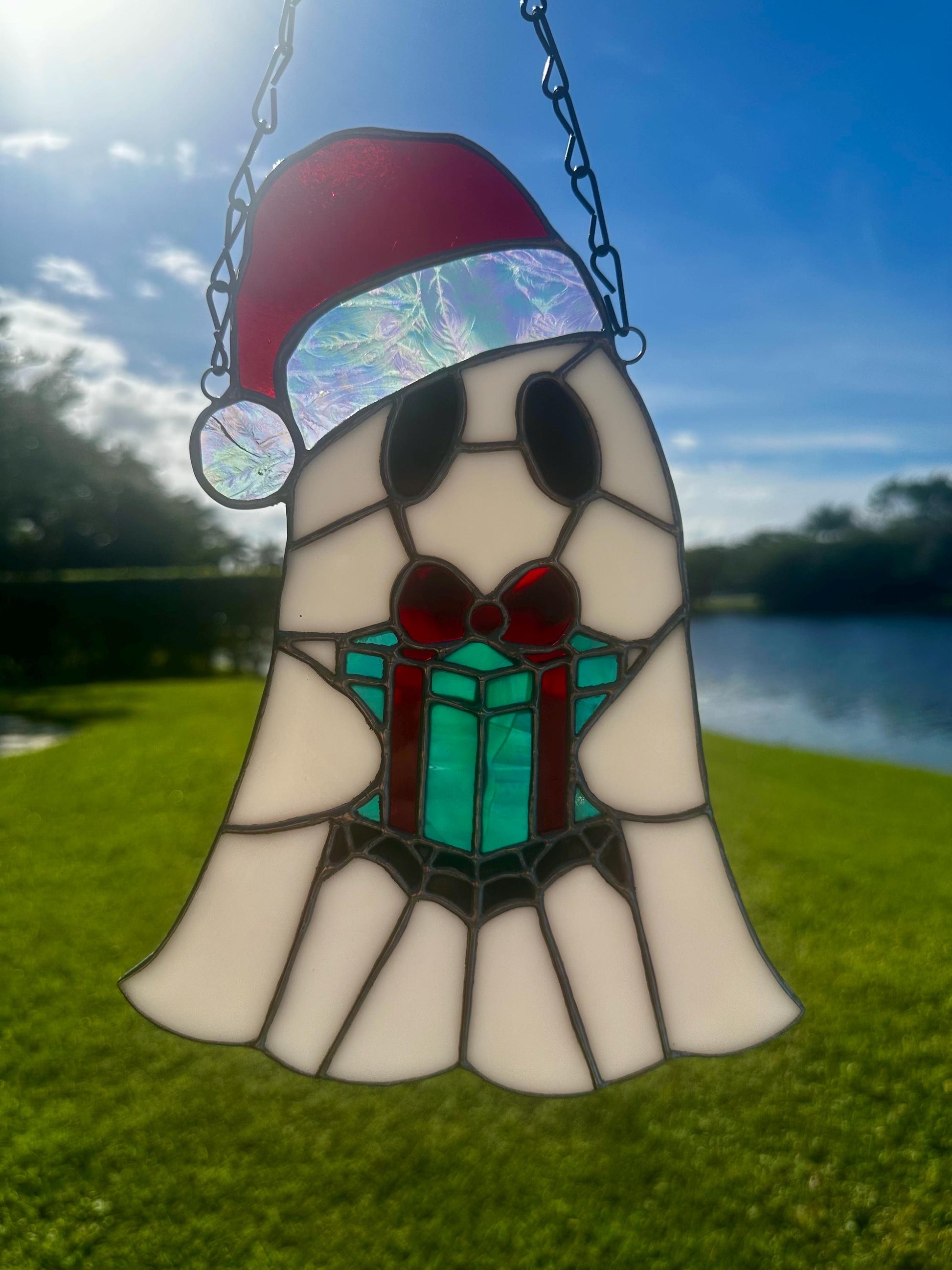 Spooky Christmas Ghost – Stained Glass Handmade Suncatcher with Santa Hat and Gift Box
