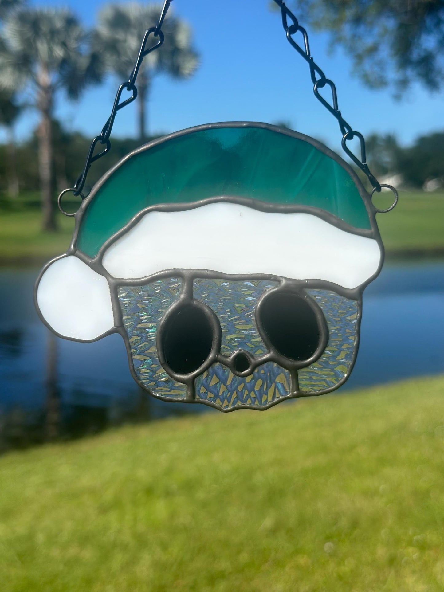 Holiday Skull Stained Glass – Gothic Christmas Suncatcher with Santa Hat | Creepy Cute Holiday Decor