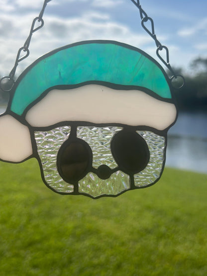 Holiday Skull Stained Glass – Gothic Christmas Suncatcher with Santa Hat | Creepy Cute Holiday Decor