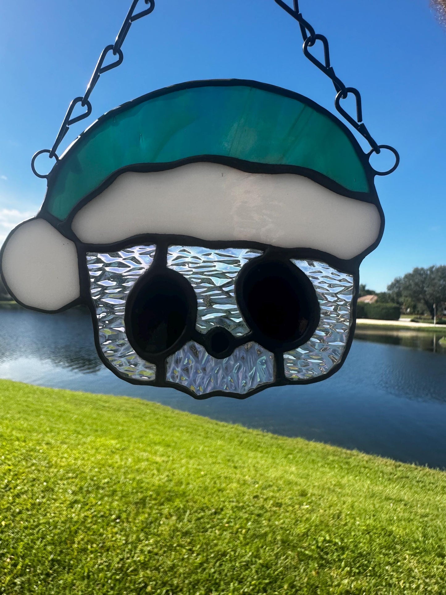 Holiday Skull Stained Glass – Gothic Christmas Suncatcher with Santa Hat | Creepy Cute Holiday Decor