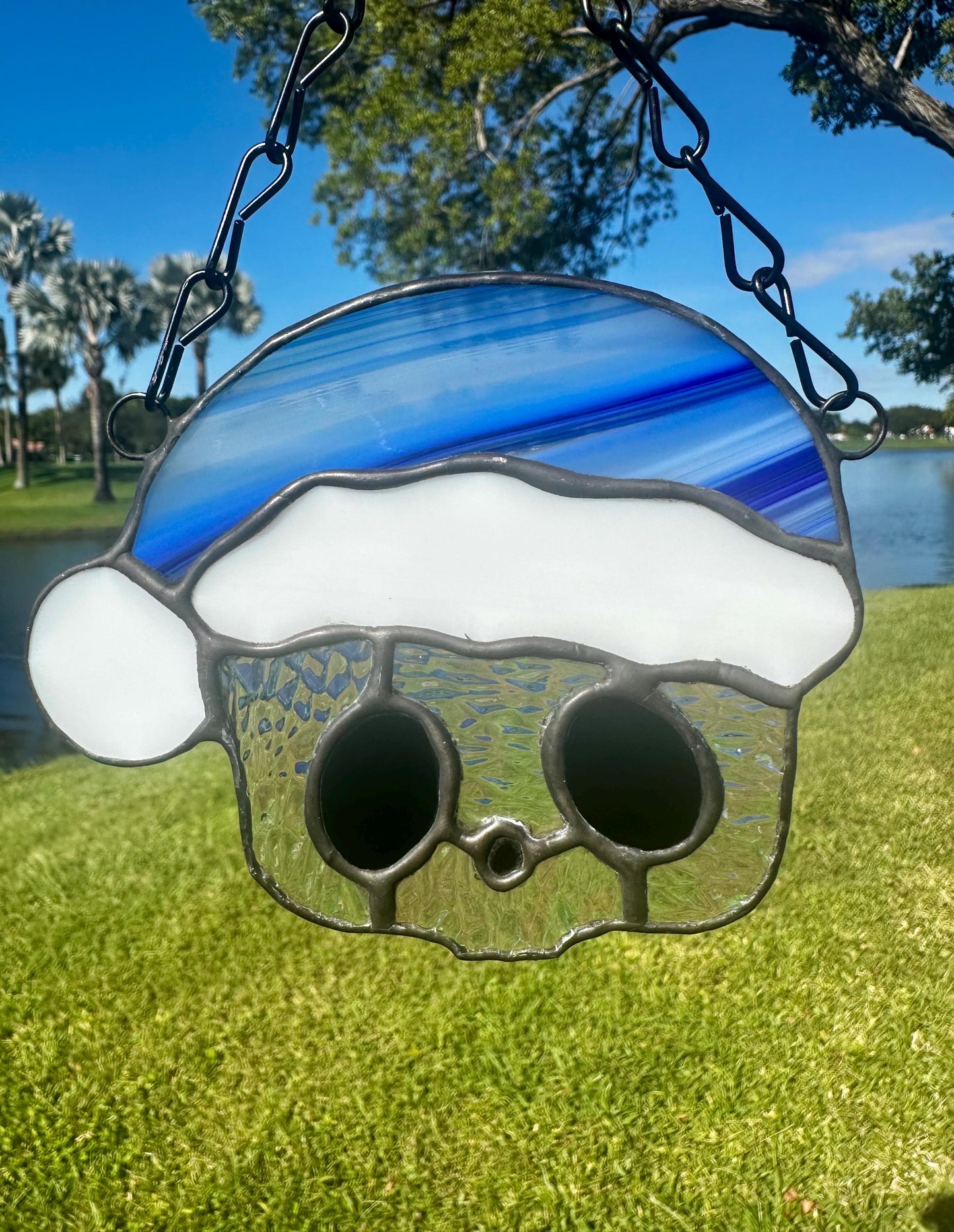 Blue Santa Skull Stained Glass – Gothic Christmas Suncatcher | Creepy Cute Holiday Window Decor