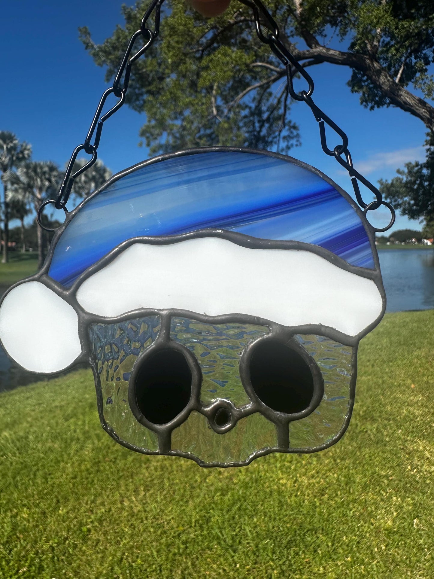 Blue Santa Skull Stained Glass – Gothic Christmas Suncatcher | Creepy Cute Holiday Window Decor