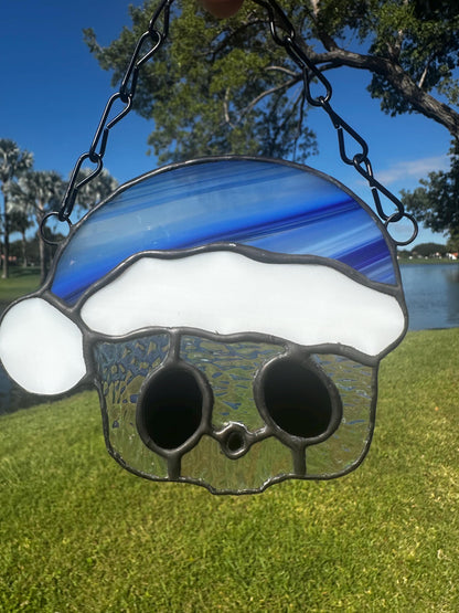 Blue Santa Skull Stained Glass – Gothic Christmas Suncatcher | Creepy Cute Holiday Window Decor