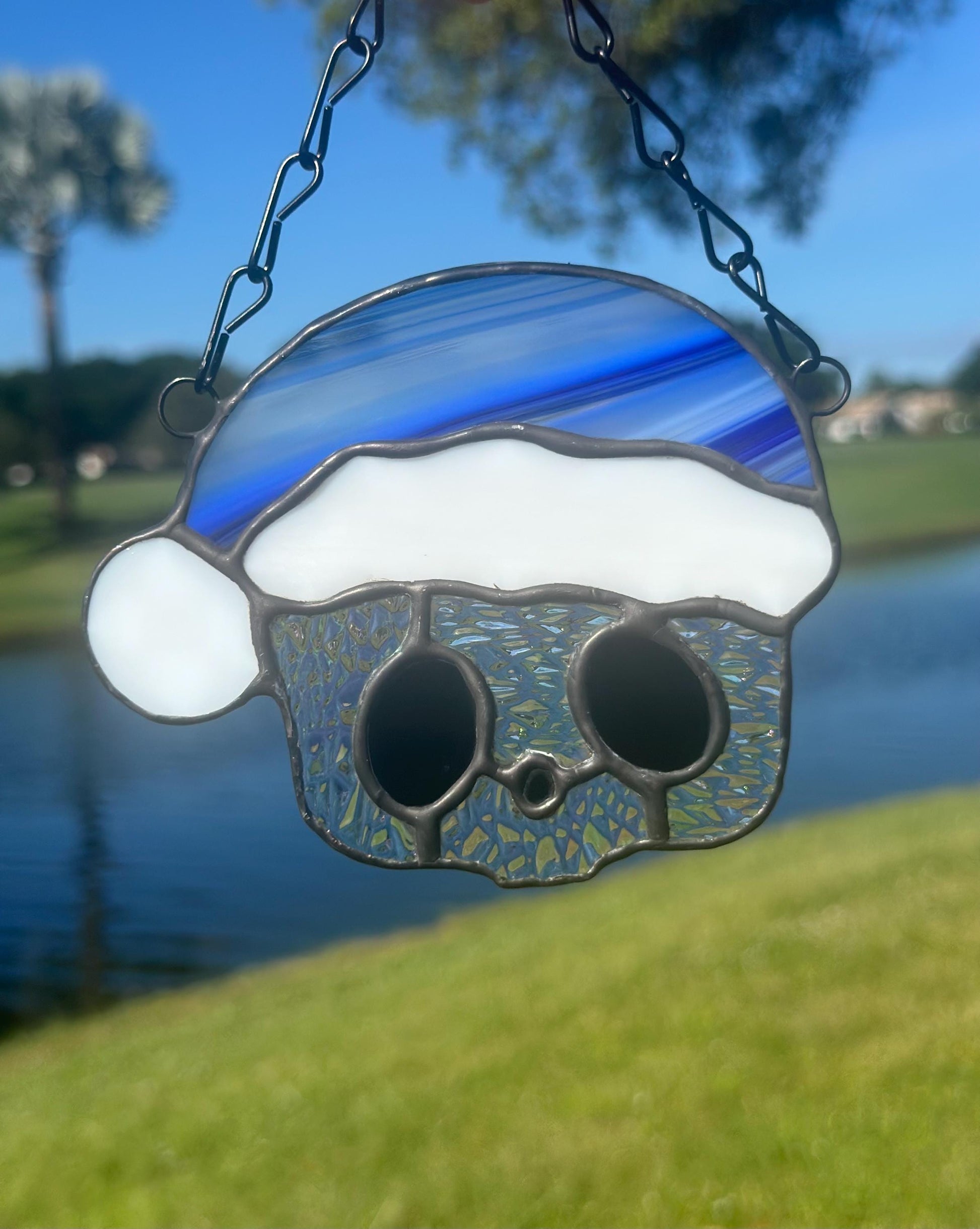 Blue Santa Skull Stained Glass – Gothic Christmas Suncatcher | Creepy Cute Holiday Window Decor