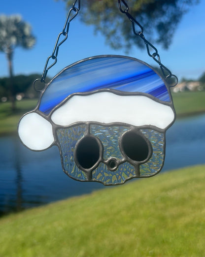 Blue Santa Skull Stained Glass – Gothic Christmas Suncatcher | Creepy Cute Holiday Window Decor