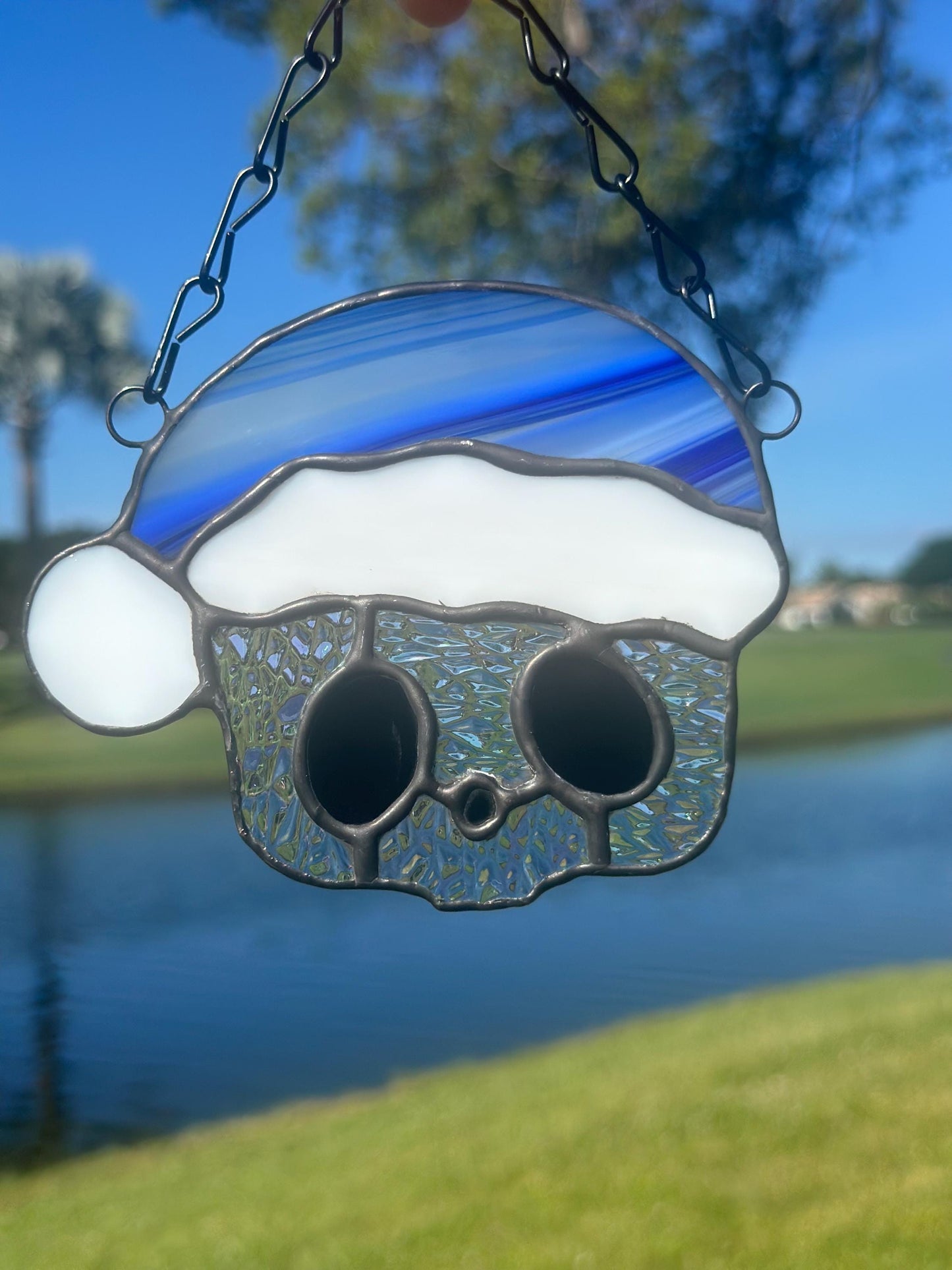 Blue Santa Skull Stained Glass – Gothic Christmas Suncatcher | Creepy Cute Holiday Window Decor