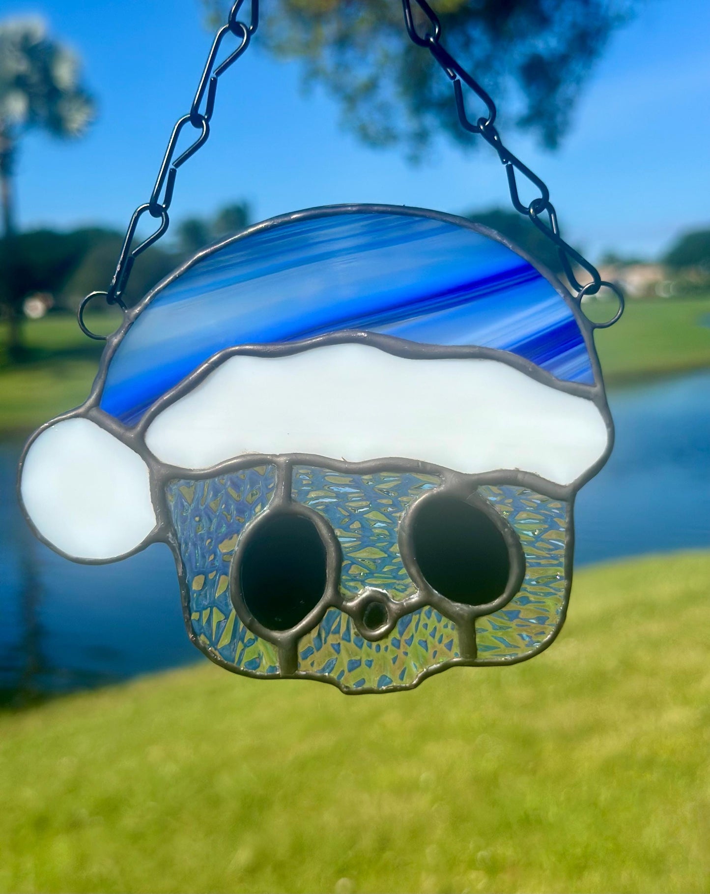 Blue Santa Skull Stained Glass – Gothic Christmas Suncatcher | Creepy Cute Holiday Window Decor