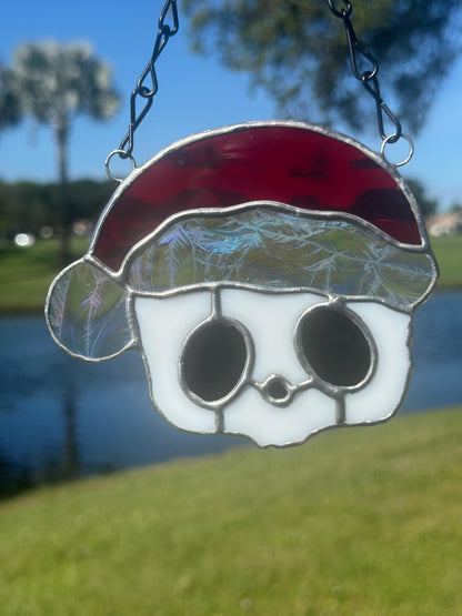 Red Santa Skull Stained Glass – Gothic Christmas Suncatcher | Creepy Cute Holiday Window Decor