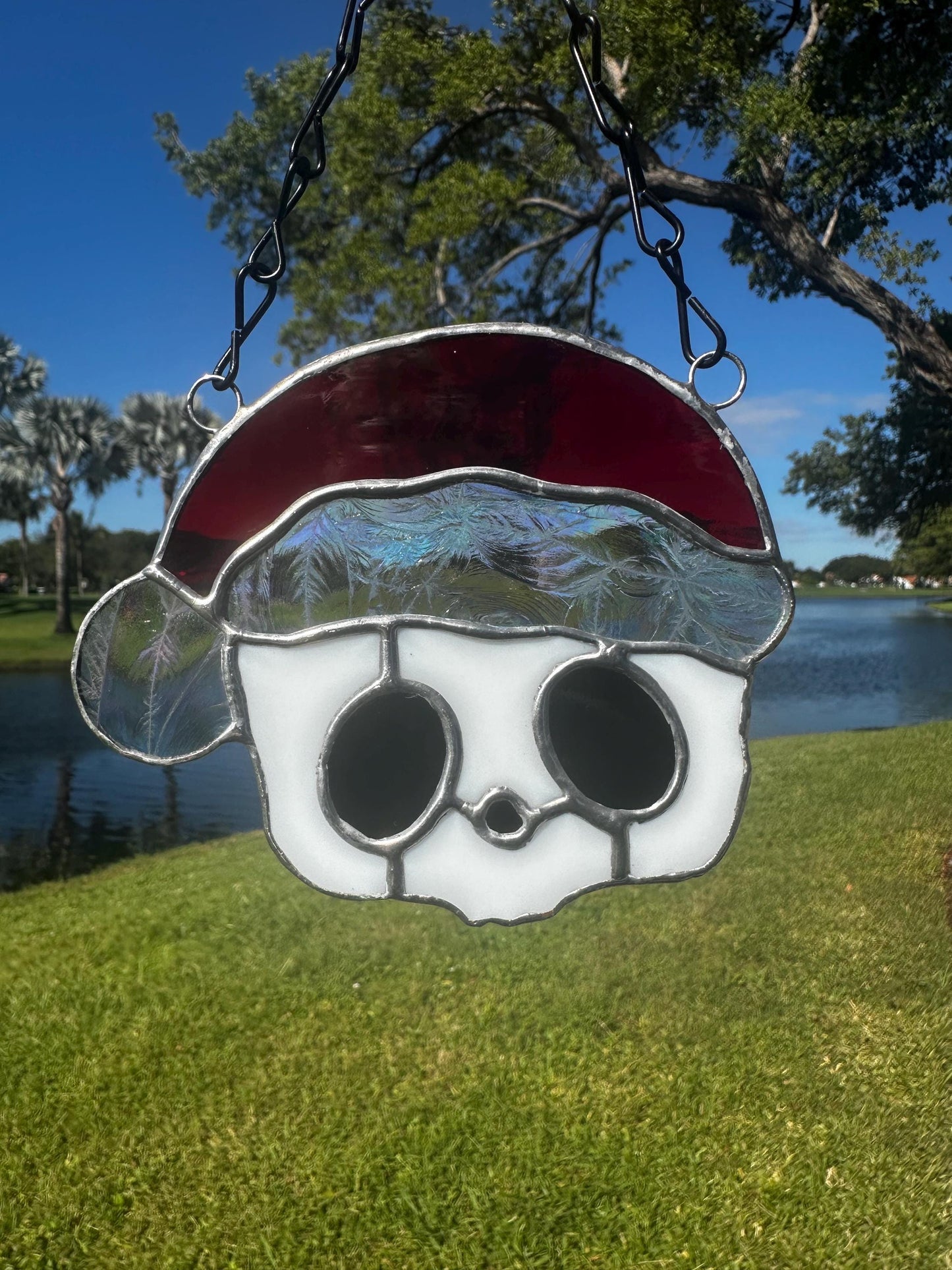 Red Santa Skull Stained Glass – Gothic Christmas Suncatcher | Creepy Cute Holiday Window Decor