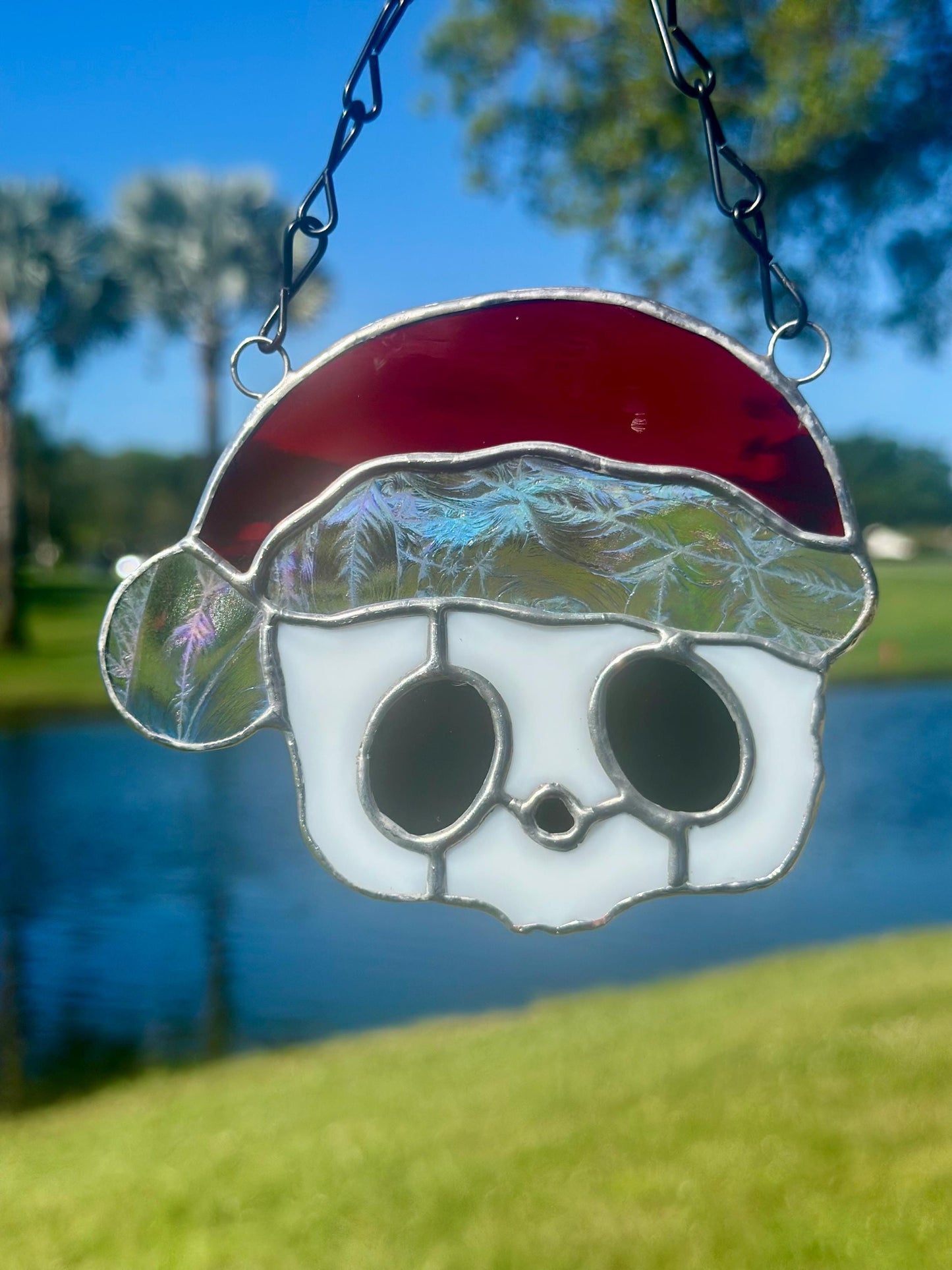 Red Santa Skull Stained Glass – Gothic Christmas Suncatcher | Creepy Cute Holiday Window Decor