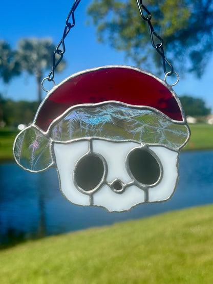 Red Santa Skull Stained Glass – Gothic Christmas Suncatcher | Creepy Cute Holiday Window Decor