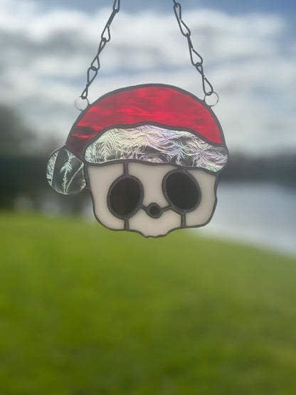 Red Santa Skull Stained Glass – Gothic Christmas Suncatcher | Creepy Cute Holiday Window Decor