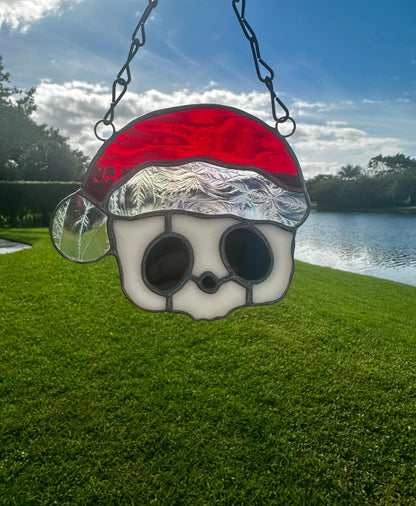 Red Santa Skull Stained Glass – Gothic Christmas Suncatcher | Creepy Cute Holiday Window Decor