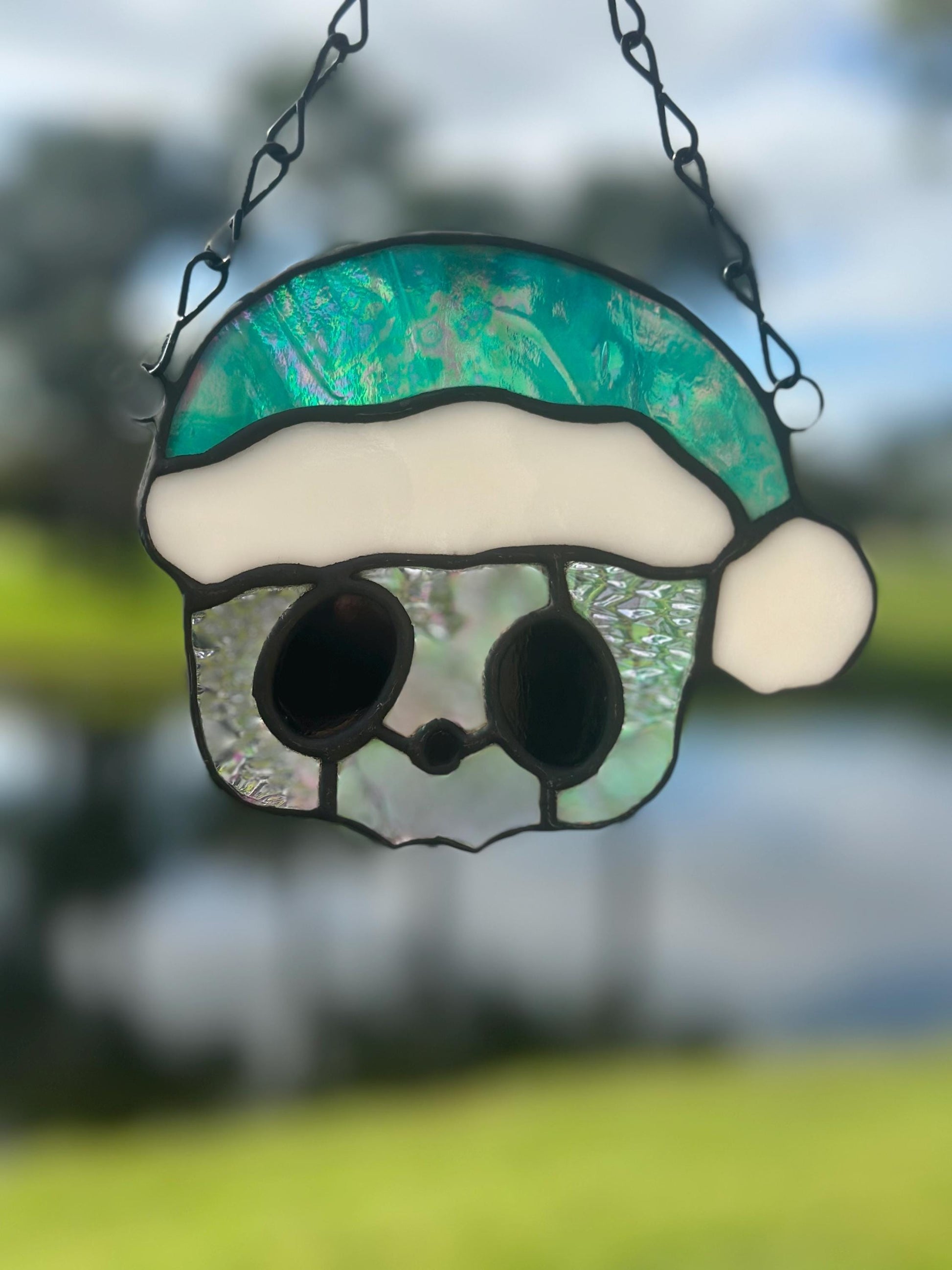 Holiday Skull Stained Glass – Gothic Christmas Suncatcher with Santa Hat | Creepy Cute Holiday Decor