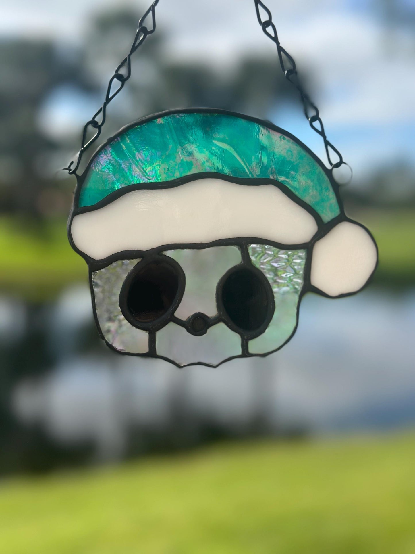 Holiday Skull Stained Glass – Gothic Christmas Suncatcher with Santa Hat | Creepy Cute Holiday Decor