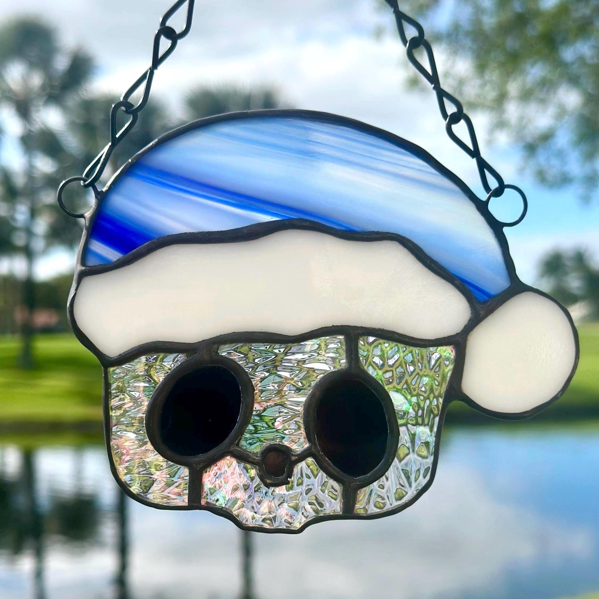 Blue Santa Skull Stained Glass – Gothic Christmas Suncatcher | Creepy Cute Holiday Window Decor