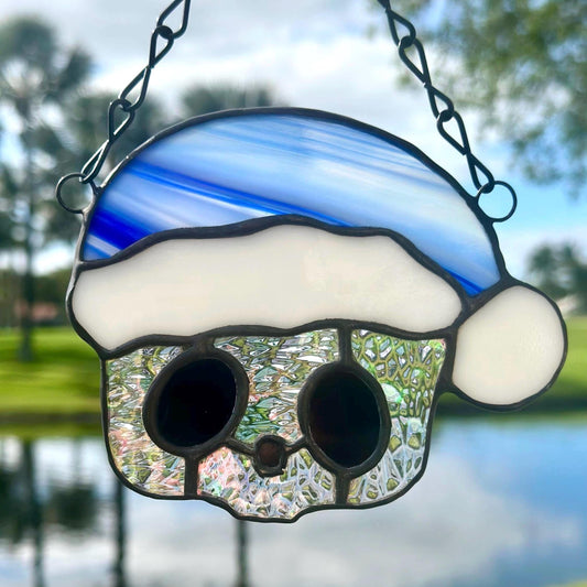 Blue Santa Skull Stained Glass – Gothic Christmas Suncatcher | Creepy Cute Holiday Window Decor
