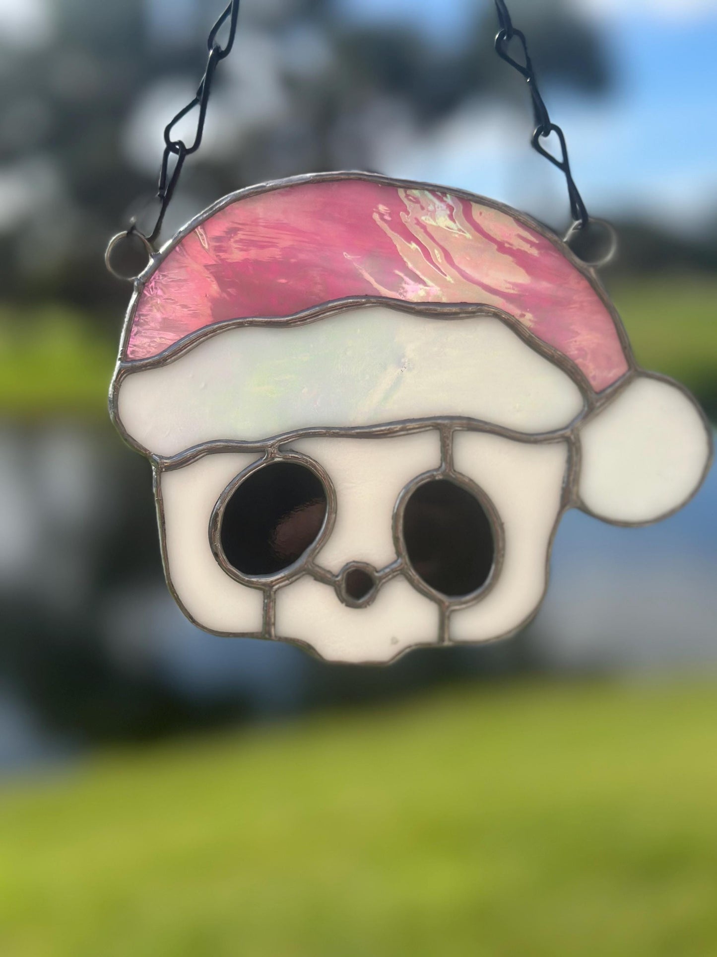 Pink Santa Skull Stained Glass – Gothic Christmas Suncatcher | Creepy Cute Holiday Decor