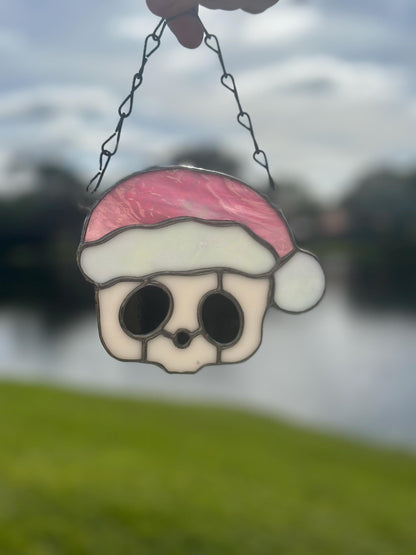 Pink Santa Skull Stained Glass – Gothic Christmas Suncatcher | Creepy Cute Holiday Decor