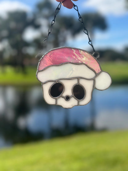 Pink Santa Skull Stained Glass – Gothic Christmas Suncatcher | Creepy Cute Holiday Decor